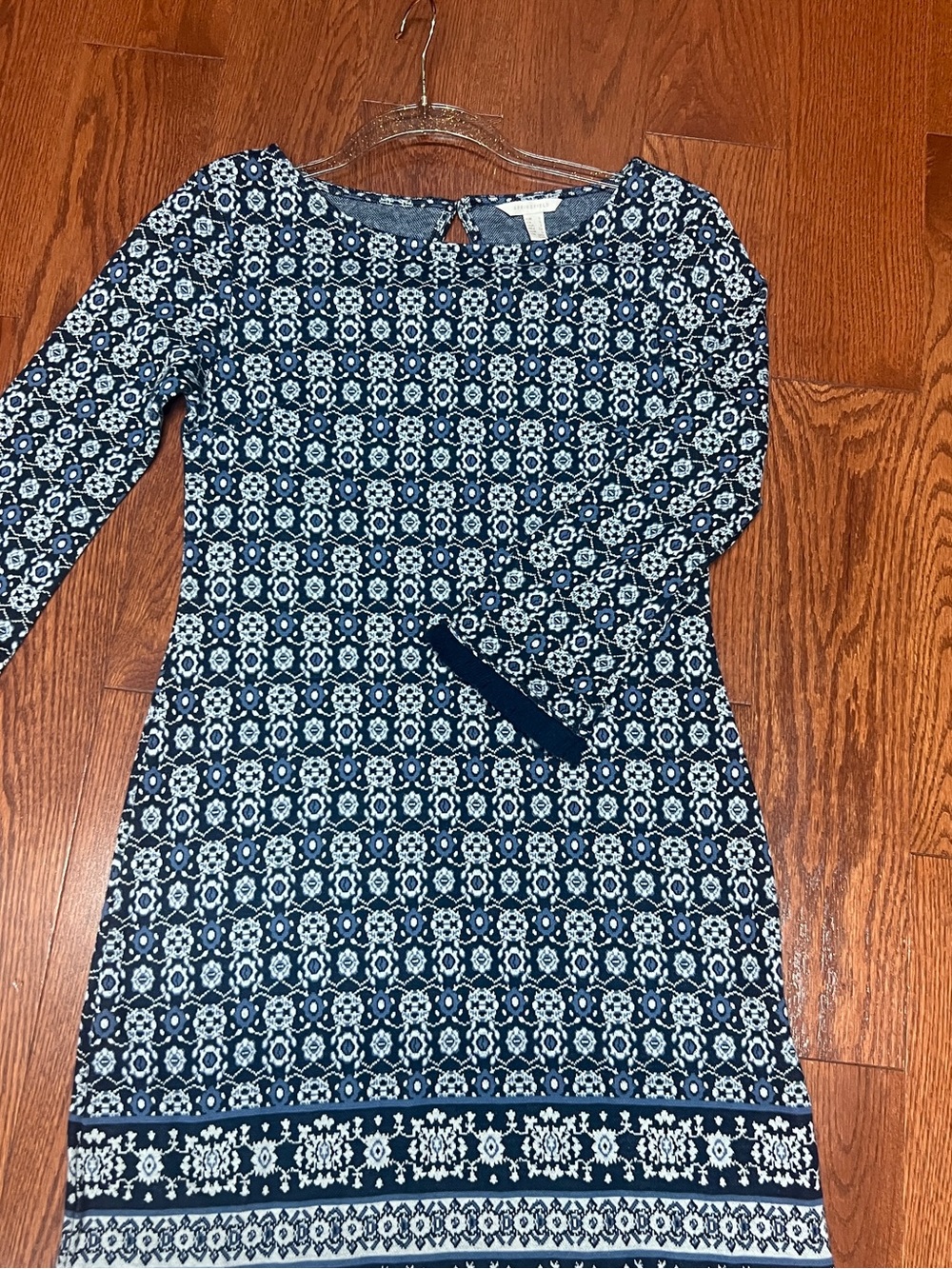 Navy and White Patterned Long Sleeve Women's Dress